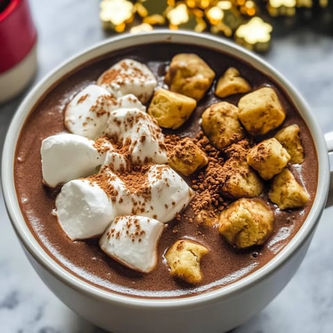 Eine Tasse heißer Kakao mit Marshmallows und Nüssen.