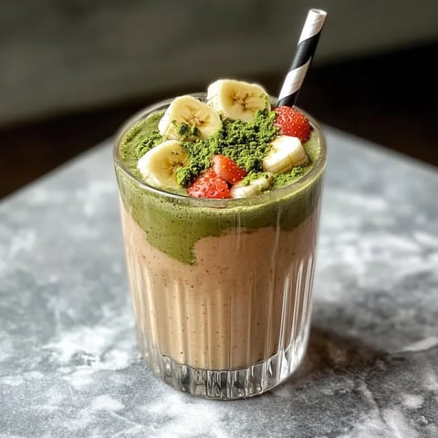 Ein Glas grüner Smoothie mit Bananen und Erdbeeren.