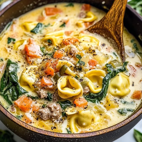 Eine Schale cremige Tortellinisuppe mit Gemüse.