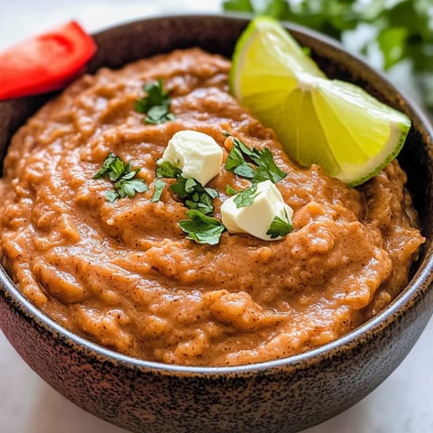 Eine Schüssel Bohnenmus mit Limettenspalten obendrauf.