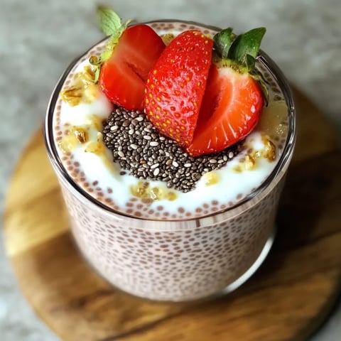 Ein Glas Chia-Pudding und oben drauf frische Erdbeeren.