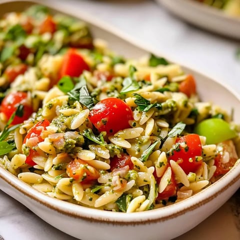 Eine Schüssel mit Nudelsalat und Kichererbsen.