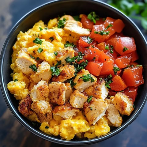 Bowl mit Chicken Scramble, Tomaten und Kräutern.