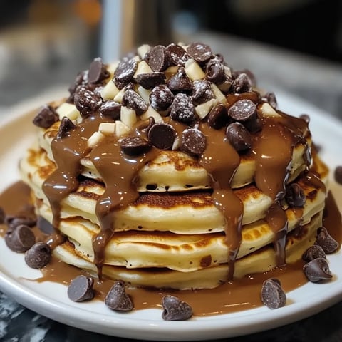 Ein Stapel Pfannkuchen mit Schokostückchen und Ahornsirup – perfekt für ein süßes Frühstück.