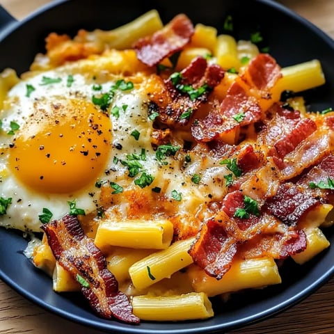 Eine Schüssel mit Bacon und Pasta.