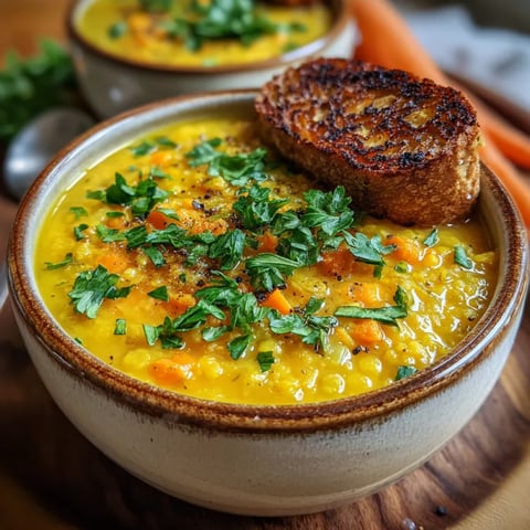 Eine Schüssel Linsen-Kokos-Suppe mit Toast obendrauf.