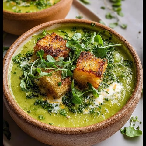 Eine Schüssel Suppe mit Toast und Kräutern.