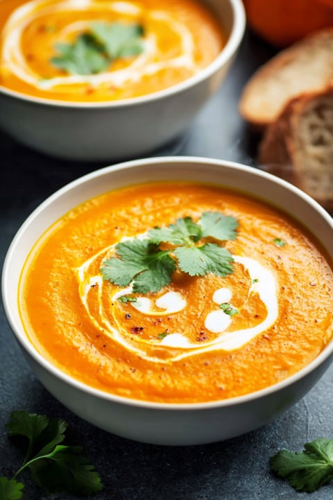 Ein weißer Käsekuchen mit einer Schüssel Creamy Pumpkin Soup.